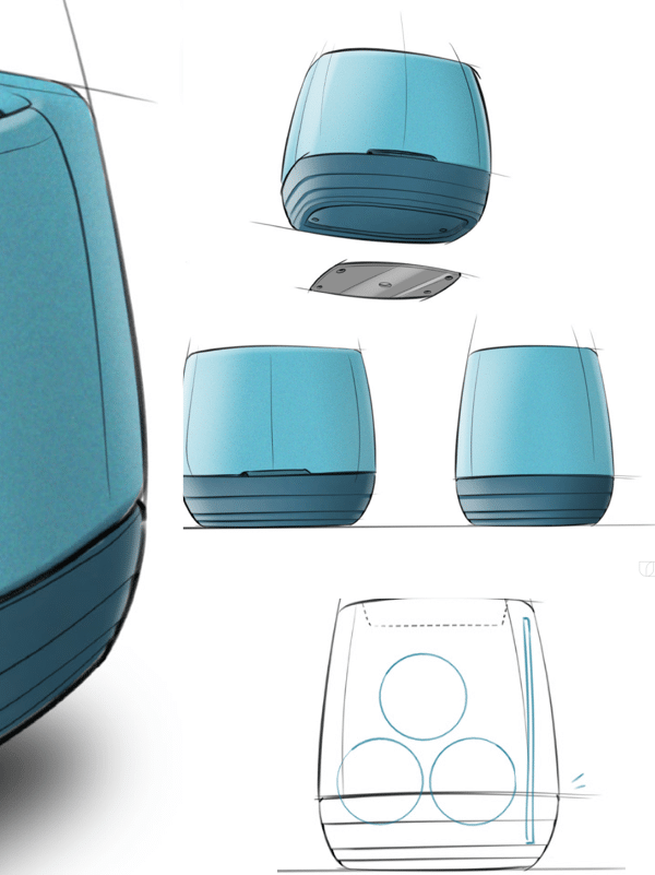 Croquis de conception d'un produit avec différentes vues et détails en turquoise