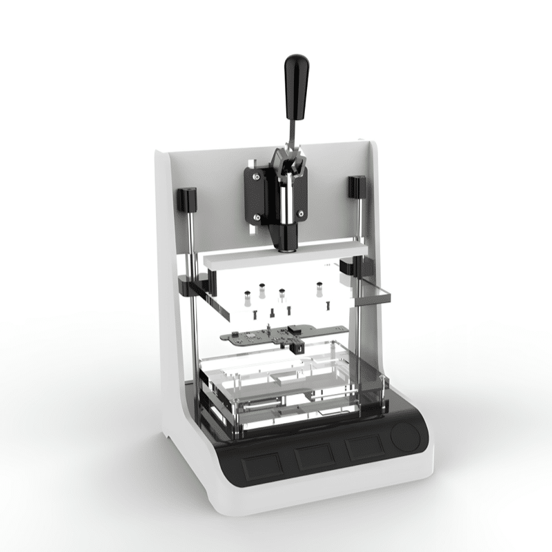 Rendu 3D réaliste d'un banc de test de cartes électroniques de BLUEGRioT. Banc élégant en blanc laqué et noir laqué, avec des bords arrondis, et une plaque de plexiglass transparente pour positionner les cartes.