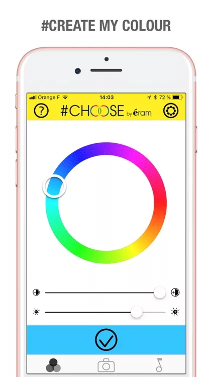 Interface de l'application #CHOOSE d'Éram affichant un nuancier pour la personnalisation des couleurs des chaussures connectées.